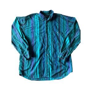 Vintage Impact Vibrant Blue Purple Green Black Vertical Striped L Button Down
